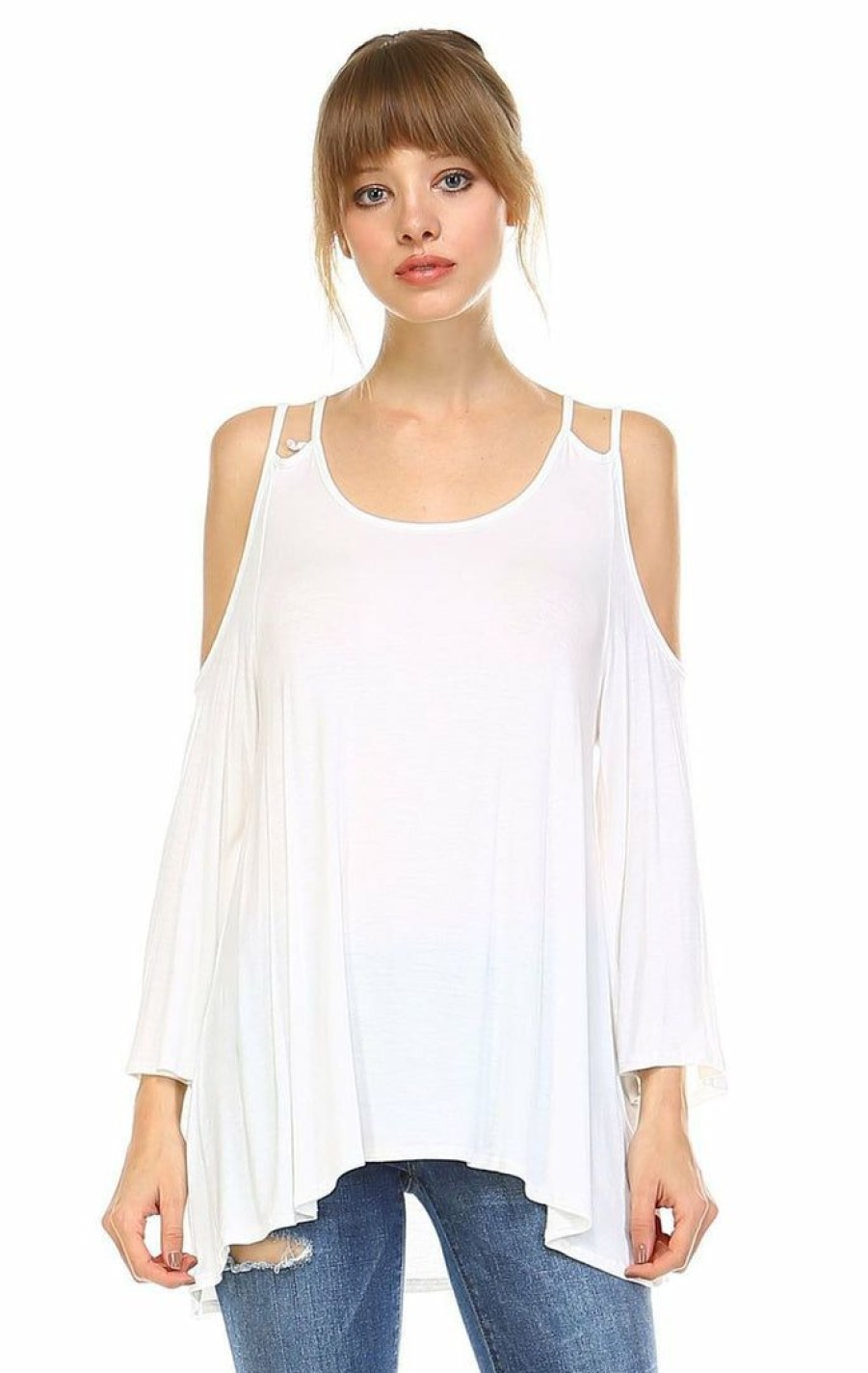 Regular Size * | Zoozie La Cold Shoulder Top 3/4 Sleeves 2 String Strap Soft White