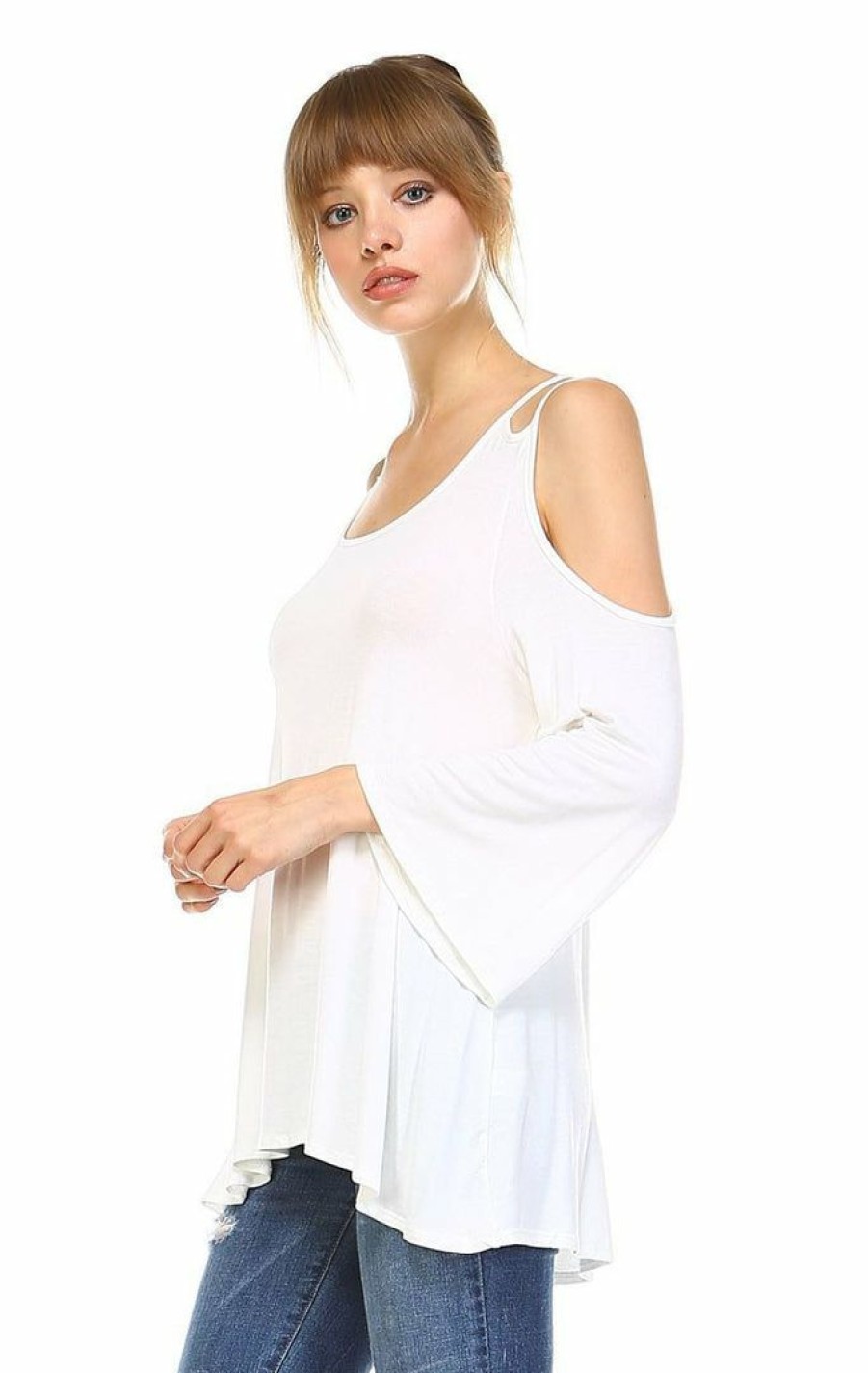 Regular Size * | Zoozie La Cold Shoulder Top 3/4 Sleeves 2 String Strap Soft White