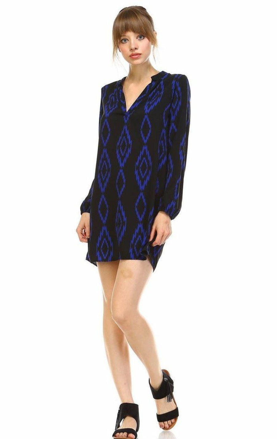 Regular Size * | Zoozie La Regular Size Tunic Top Blouse Tribal Diamond Black Navy Blue