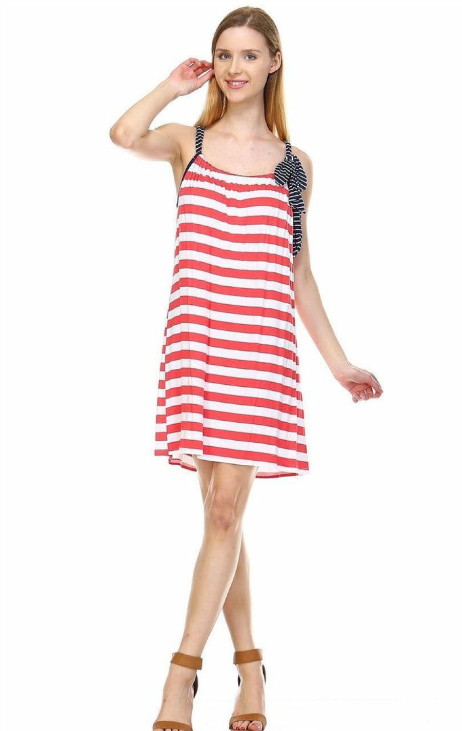 Regular Size * | Zoozie La Coral Stripes Tunic Dress With Navy Stripe Shoulder Bow Regular Size Tunic Navy Stripe 2 Bow Coral Stripe 1