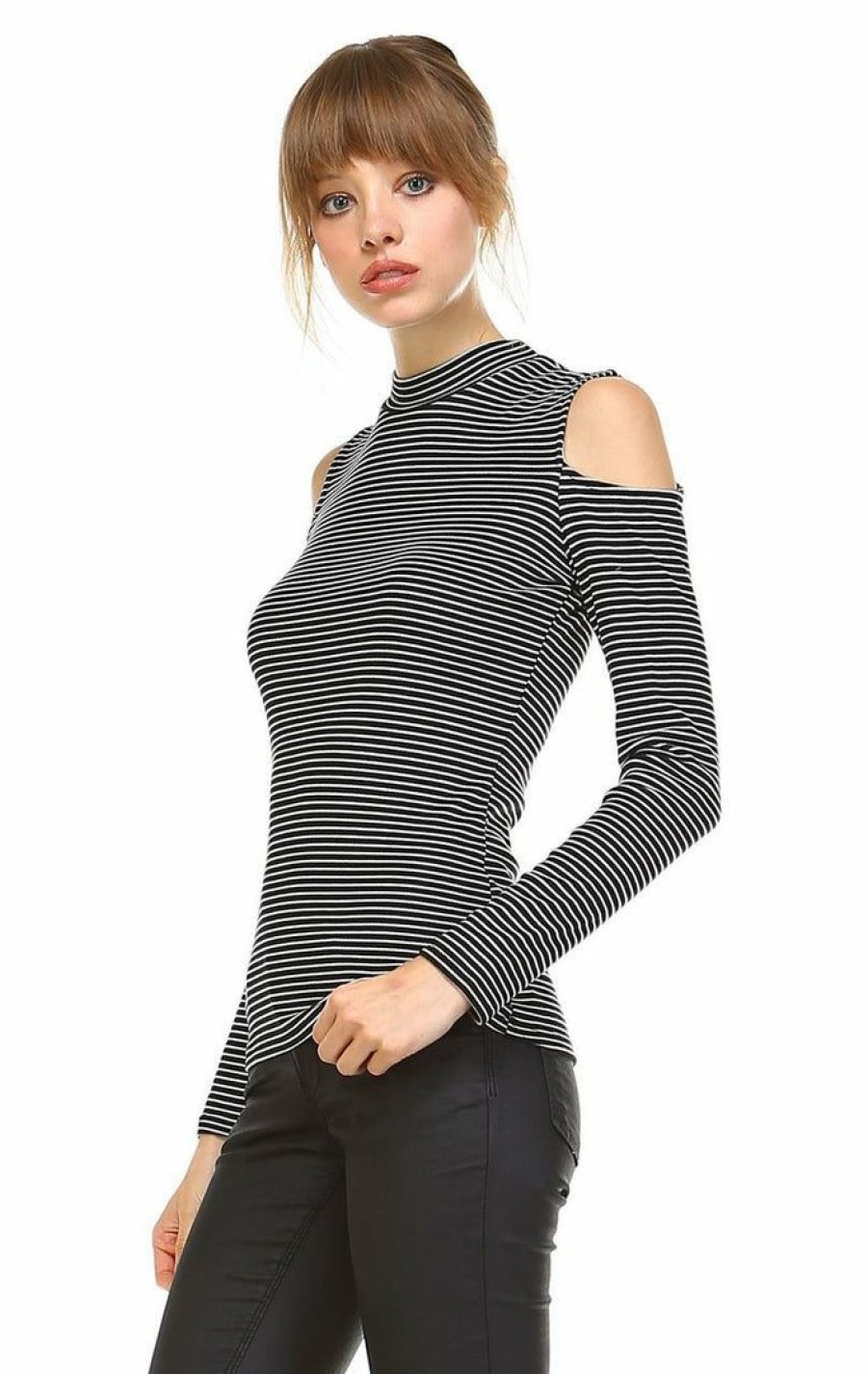 Regular Size * | Zoozie La Regular Size Cold Shoulder Top Long Sleeve Stripe Black White