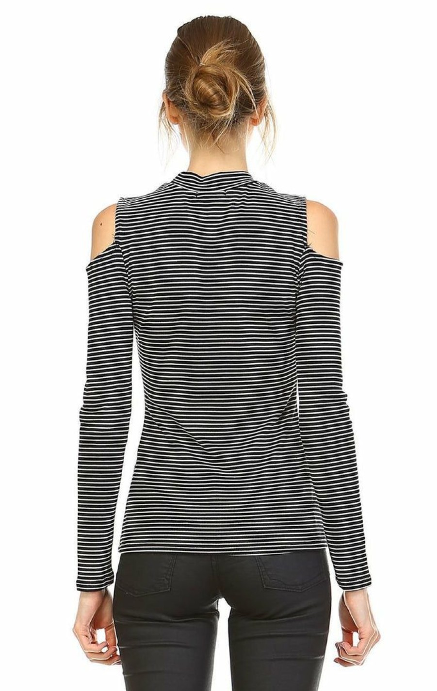 Regular Size * | Zoozie La Regular Size Cold Shoulder Top Long Sleeve Stripe Black White