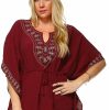 Regular Size * | Zoozie La Plus Size Shirt Embroidered Detail String Waist Burgundy Regular Size