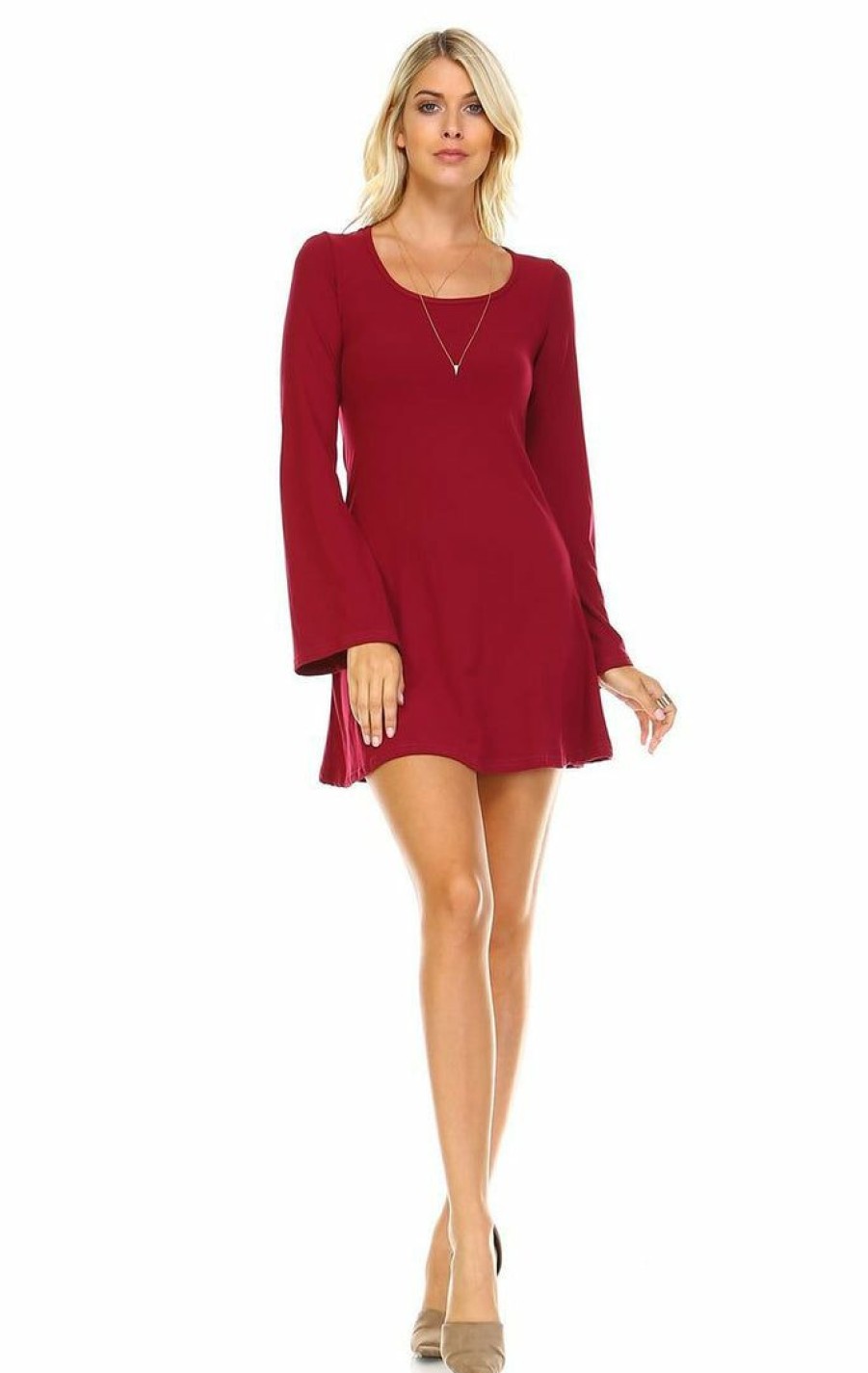 Regular Size * | Zoozie La Tunic Top Fitted Dress With Long Bell Sleeves Burgundy