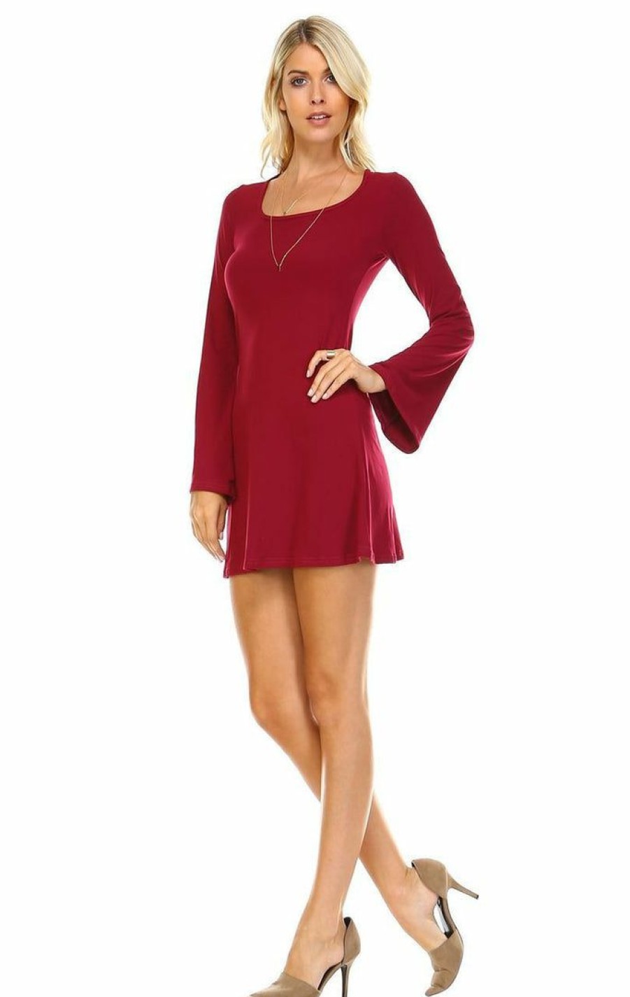 Regular Size * | Zoozie La Tunic Top Fitted Dress With Long Bell Sleeves Burgundy