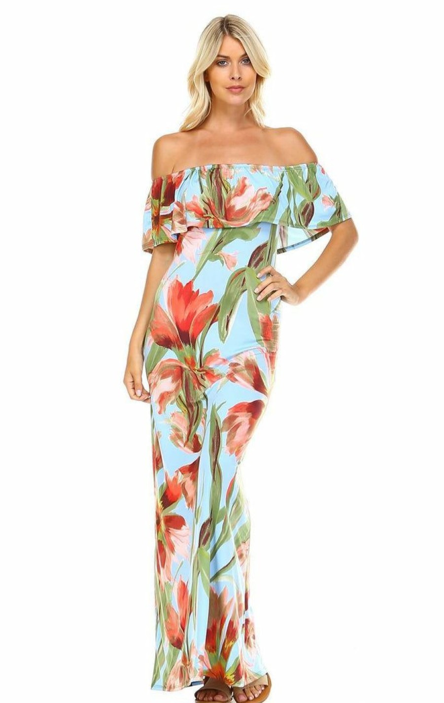 Regular Size * | Zoozie La Off The Shoulder Fitted Maxi Dress Floral Flower Blue