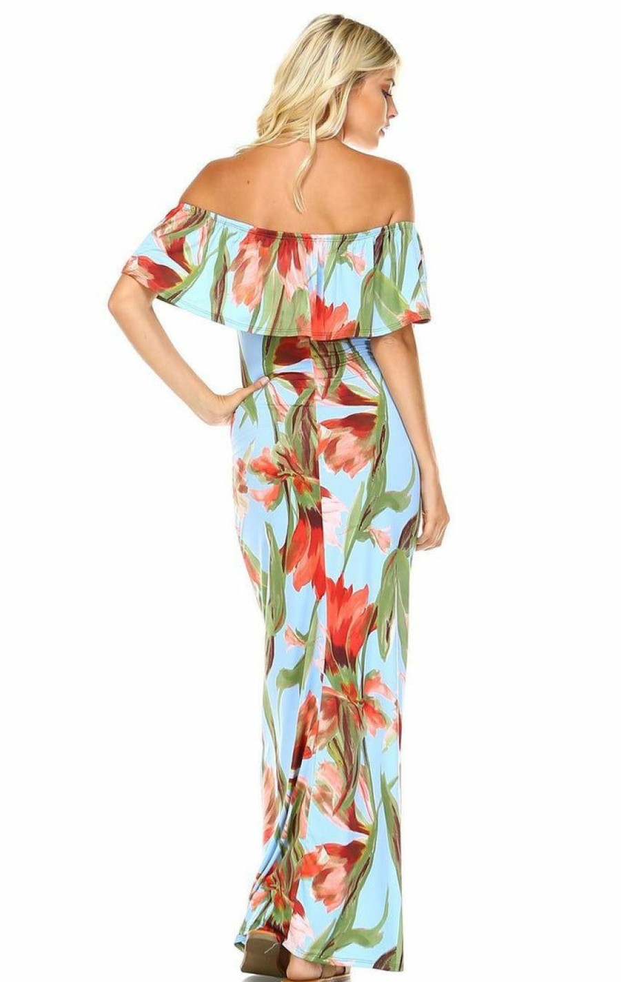 Regular Size * | Zoozie La Off The Shoulder Fitted Maxi Dress Floral Flower Blue