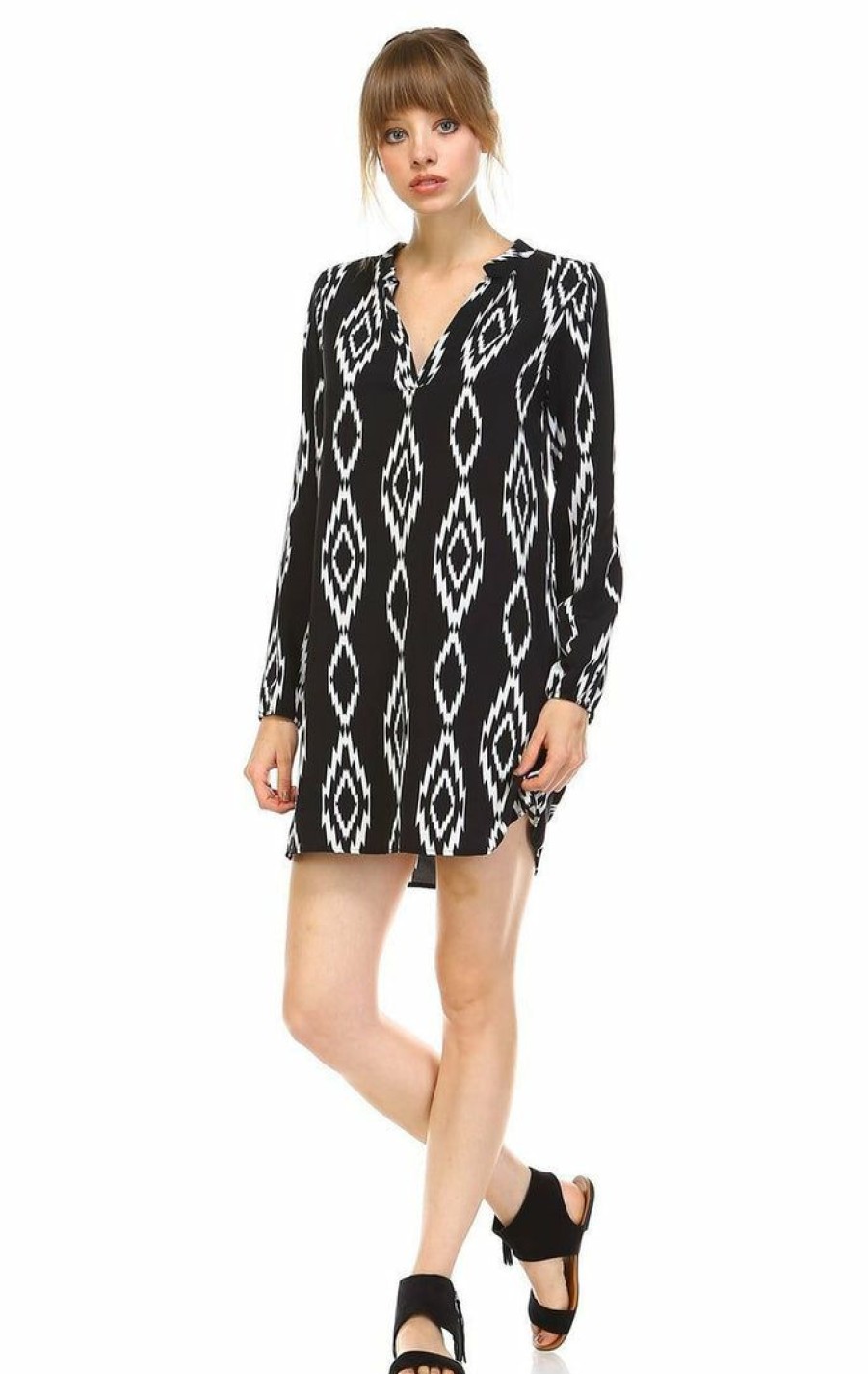 Regular Size * | Zoozie La Regular Size Tunic Top Blouse Tribal Diamond Black White