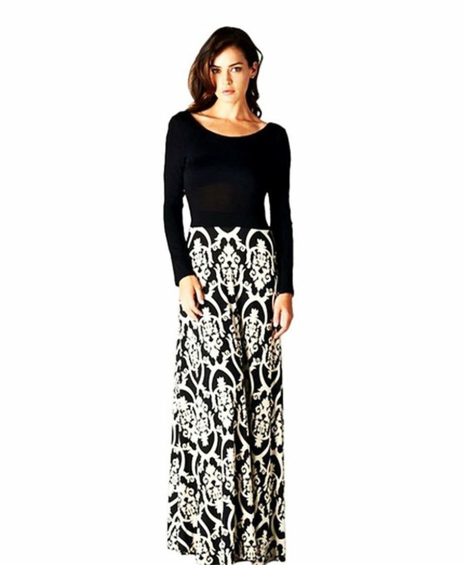 Regular Size * | Zoozie La Regular Size Long Sleeve Scoop Neck Black Minimalist Baroque Style Maxi Dress