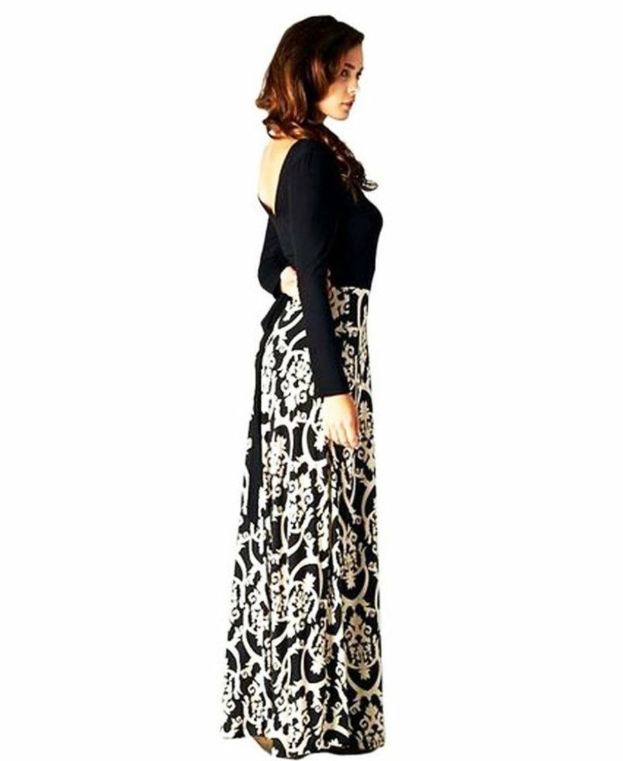 Regular Size * | Zoozie La Regular Size Long Sleeve Scoop Neck Black Minimalist Baroque Style Maxi Dress