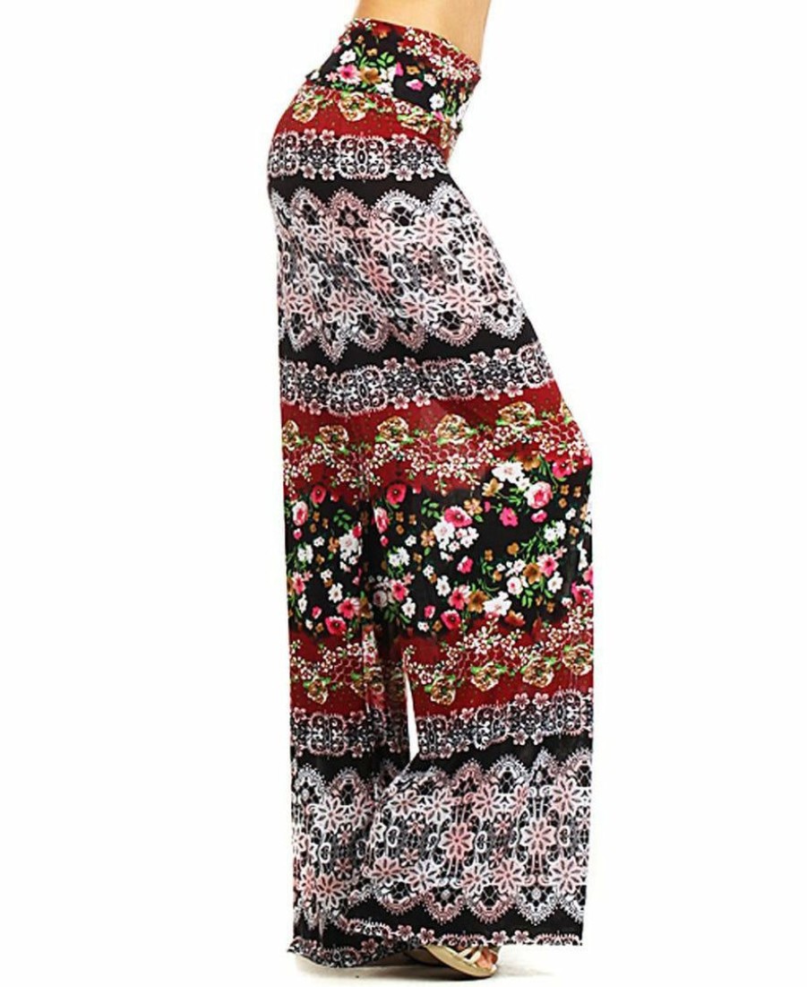 Regular Size * | Zoozie La Foldover Palazzo Pants Bohemian Floral Brown Red Regular Size