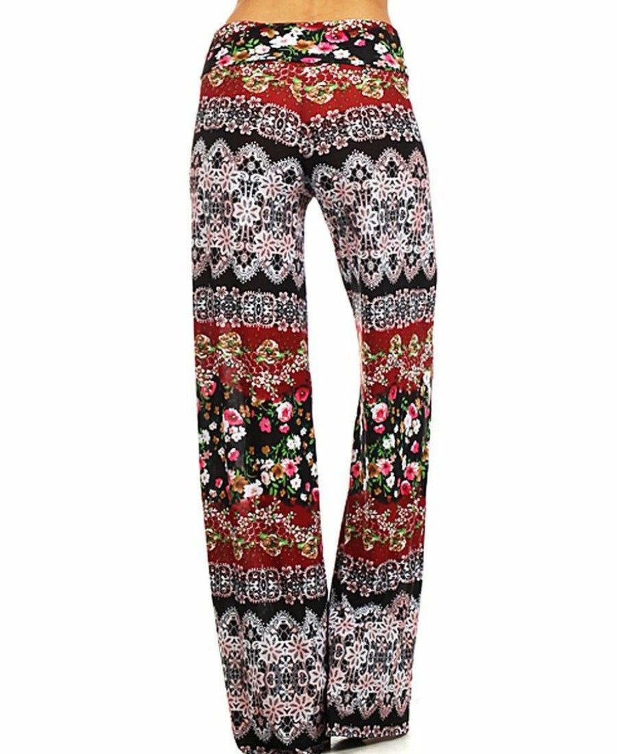 Regular Size * | Zoozie La Foldover Palazzo Pants Bohemian Floral Brown Red Regular Size