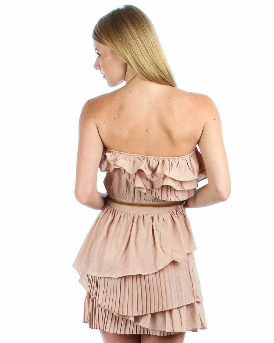 Regular Size * | Zoozie La Strapless Mini Dress Ruffle Belt Light Brown Taupe Regular Size