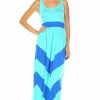 Regular Size * | Zoozie La Regular Size Sleeveless Long Evening Chevron Maxi Dress Mint Aqua / Royal Blue