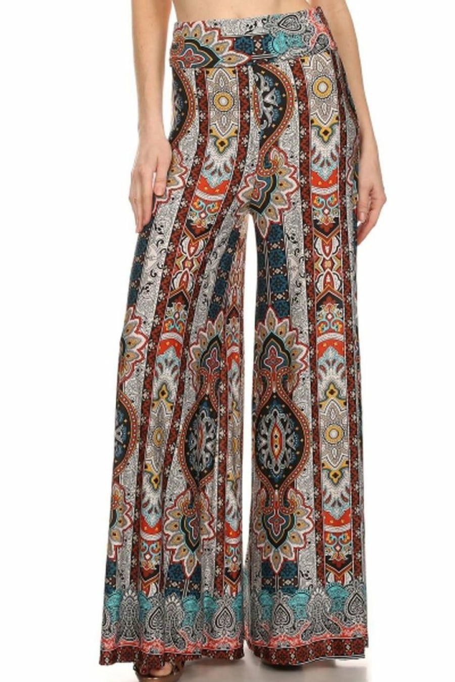 Regular Size * | Zoozie La Foldover Palazzo Pants Earth Paisley Brown Red Green Regular Size