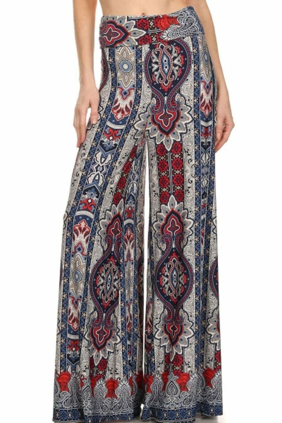 Regular Size * | Zoozie La Foldover Palazzo Pants Earth Paisley Brown Red Green Regular Size