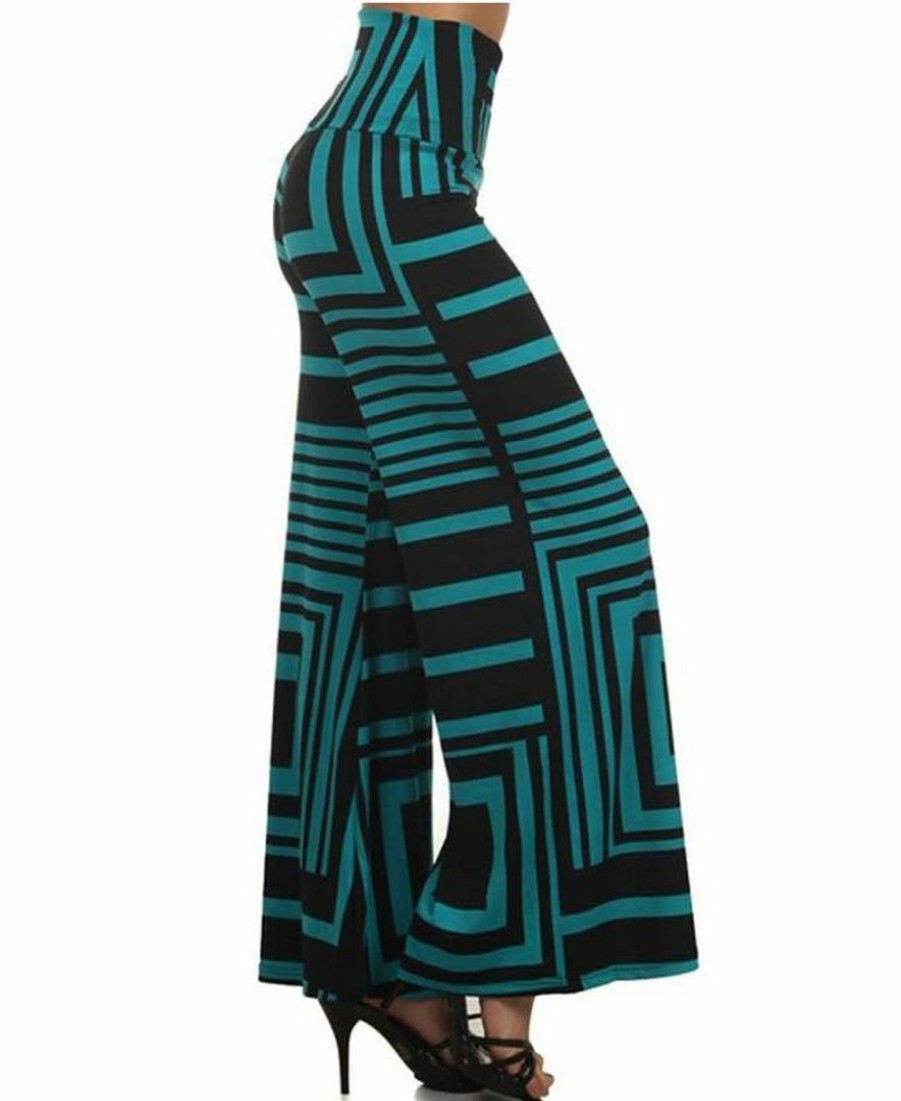 Regular Size * | Zoozie La Foldover Palazzo Pants Geometric Teal Black Regular Size