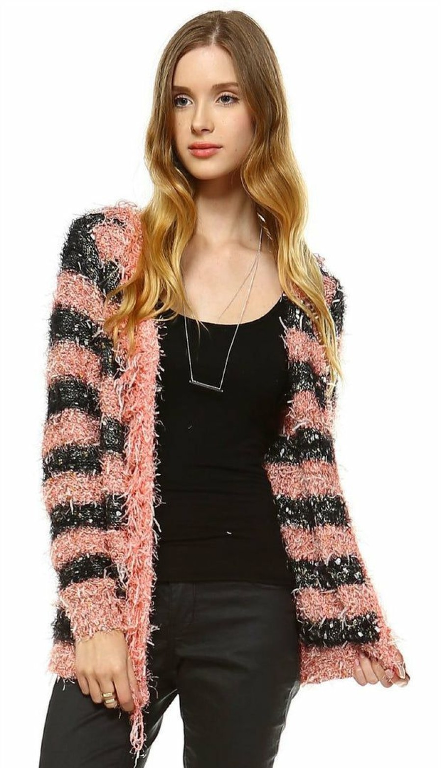 Regular Size * | Zoozie La Fuzzy Cardigan Sweater Open Front Closure Black Salmon