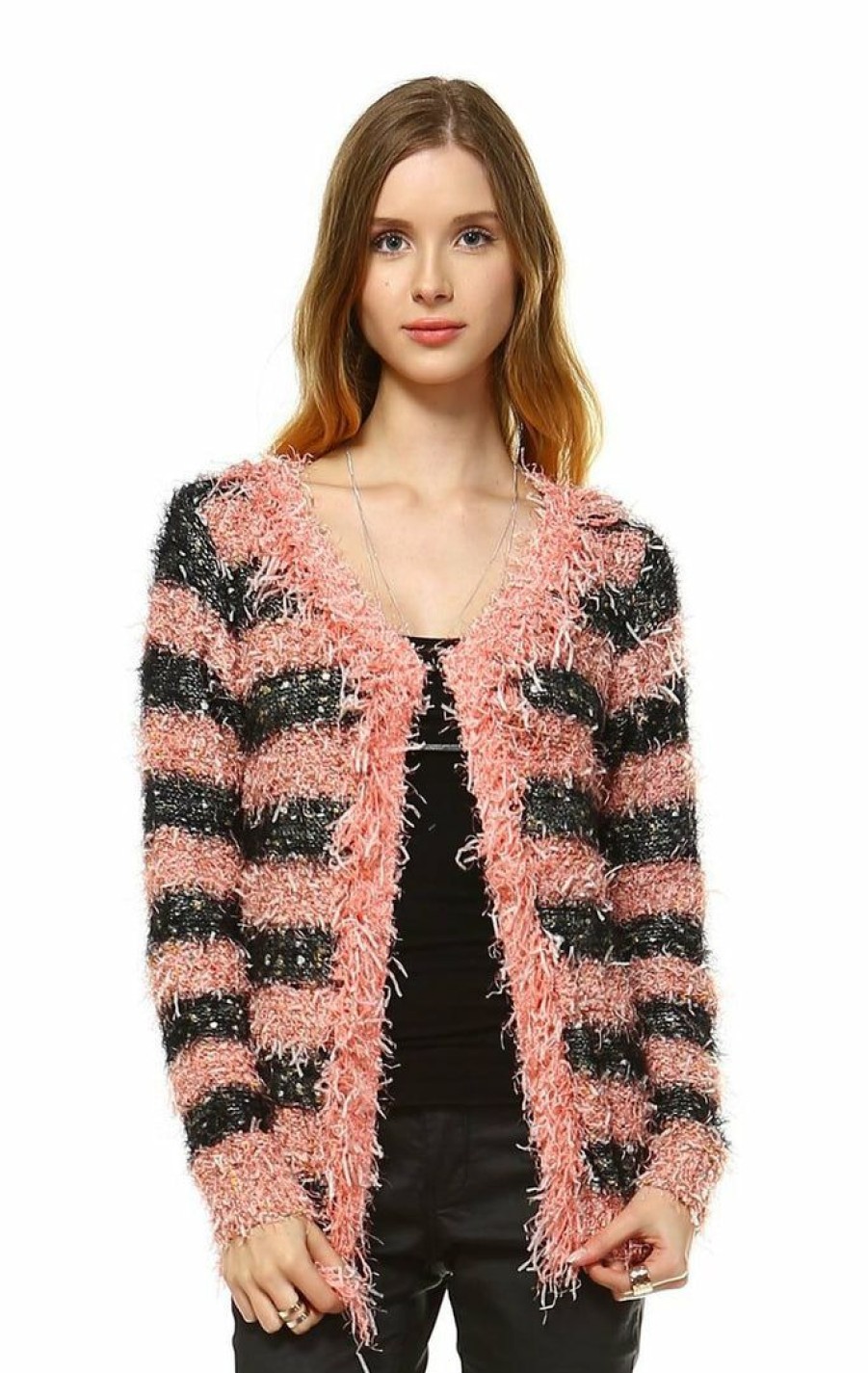 Regular Size * | Zoozie La Fuzzy Cardigan Sweater Open Front Closure Black Salmon