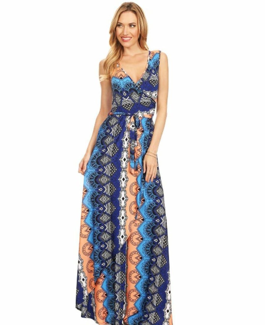 Regular Size * | Zoozie La Sleeveless Paris Maxi Dress Retro Tribal Blue Orange