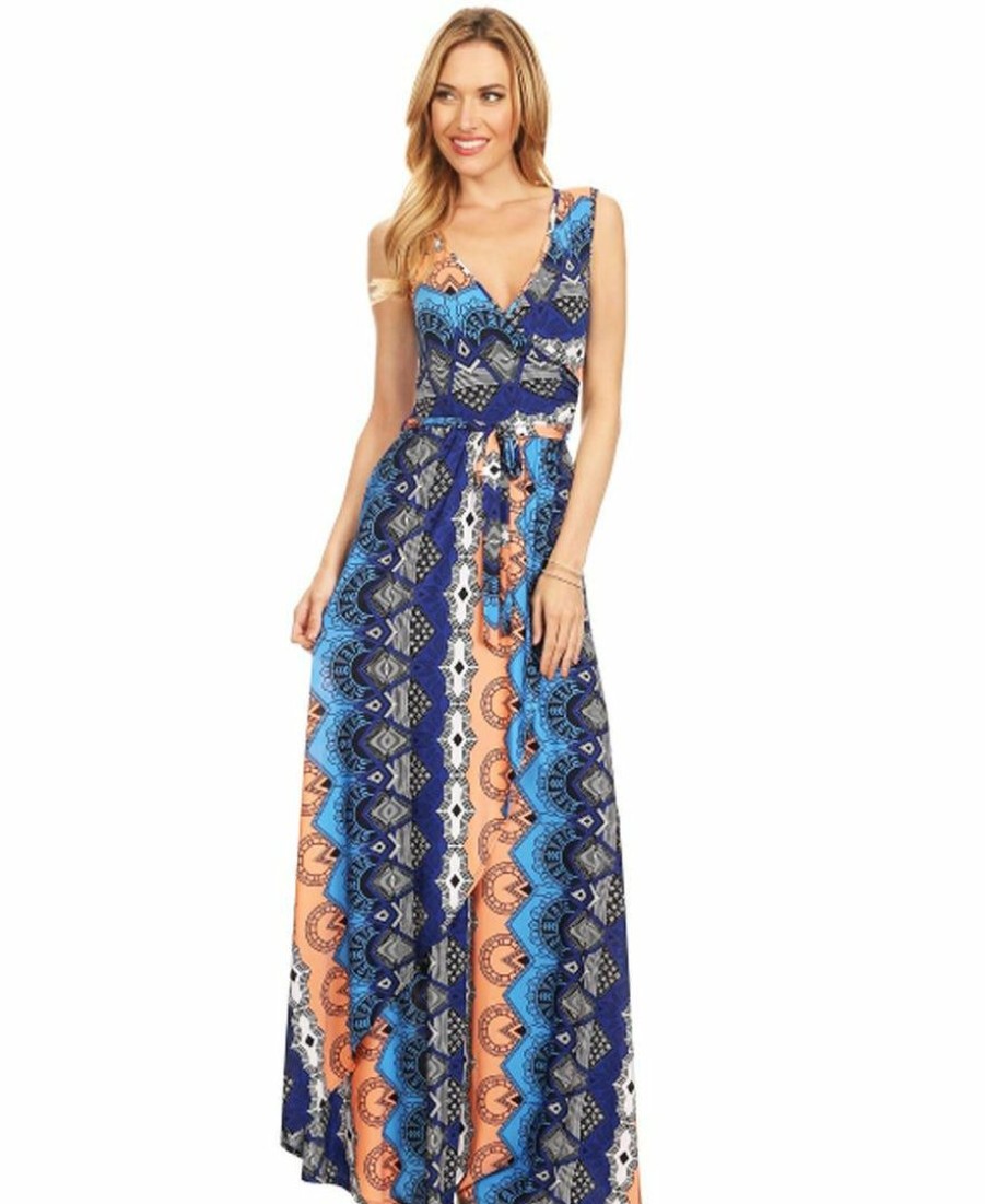 Regular Size * | Zoozie La Sleeveless Paris Maxi Dress Retro Tribal Blue Orange