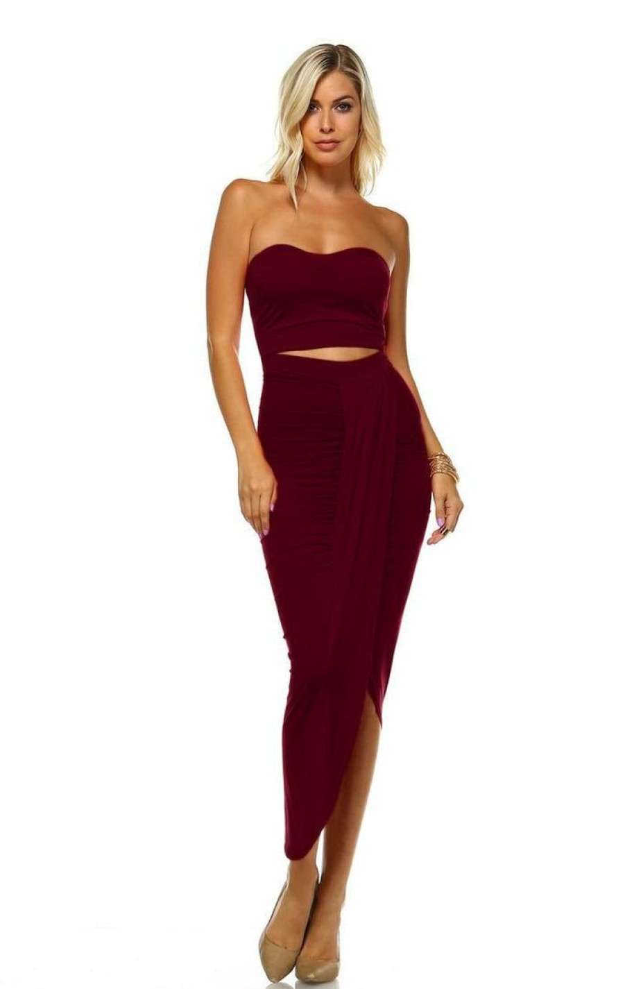 Regular Size * | Zoozie La Strapless Bodycon Maxi Club Dress Ruched Detail With Cutout Burgundy