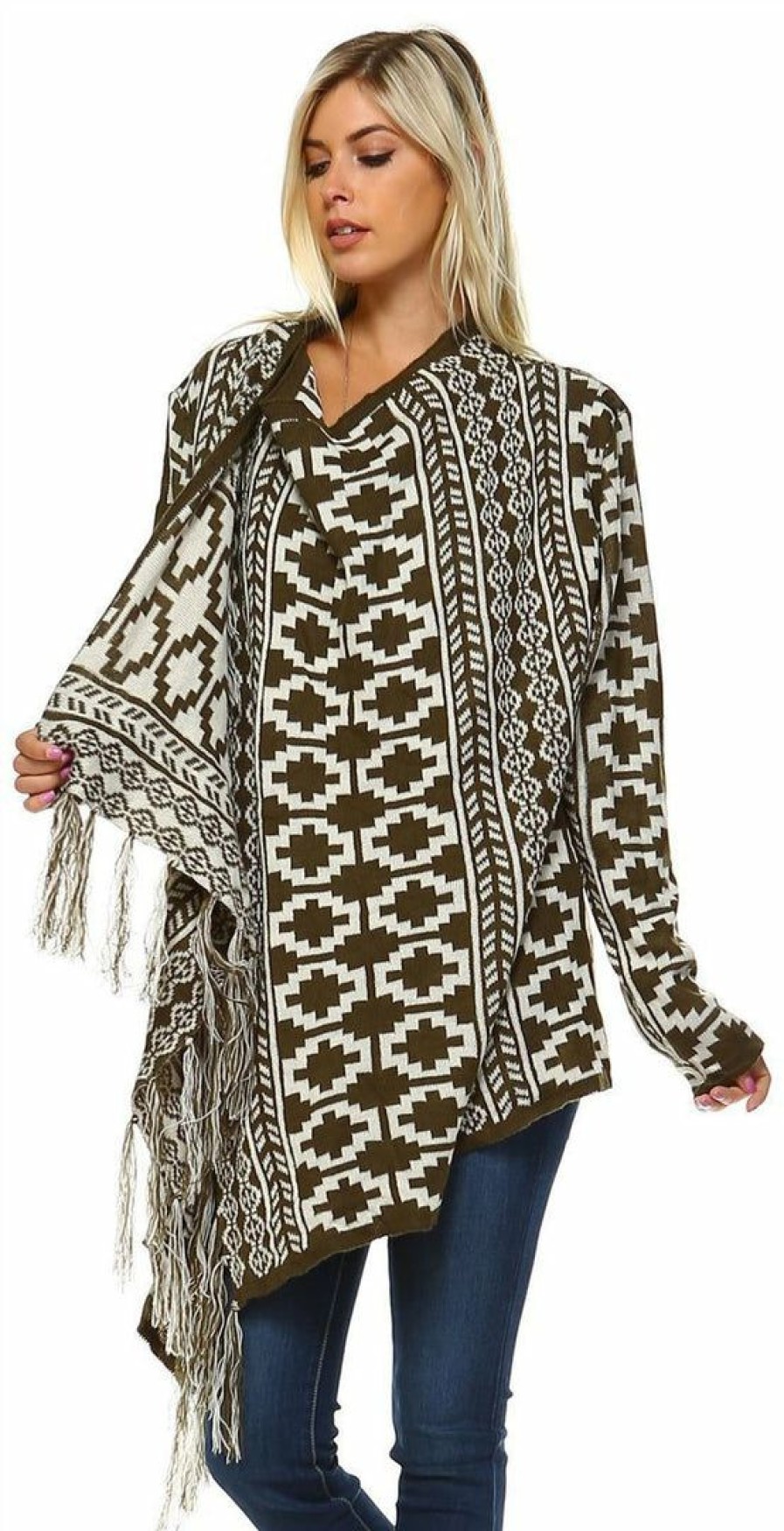 Regular Size * | Zoozie La Cowl Aztec Cardigan Tribal Sweater Ponchos Olive White