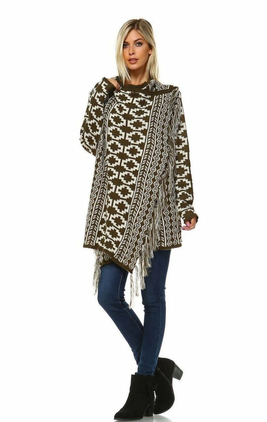 Regular Size * | Zoozie La Cowl Aztec Cardigan Tribal Sweater Ponchos Olive White