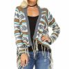 Regular Size * | Zoozie La Open Front Oversized Fringe Cardigan With Gray Teal Orange Arrow Regular Size