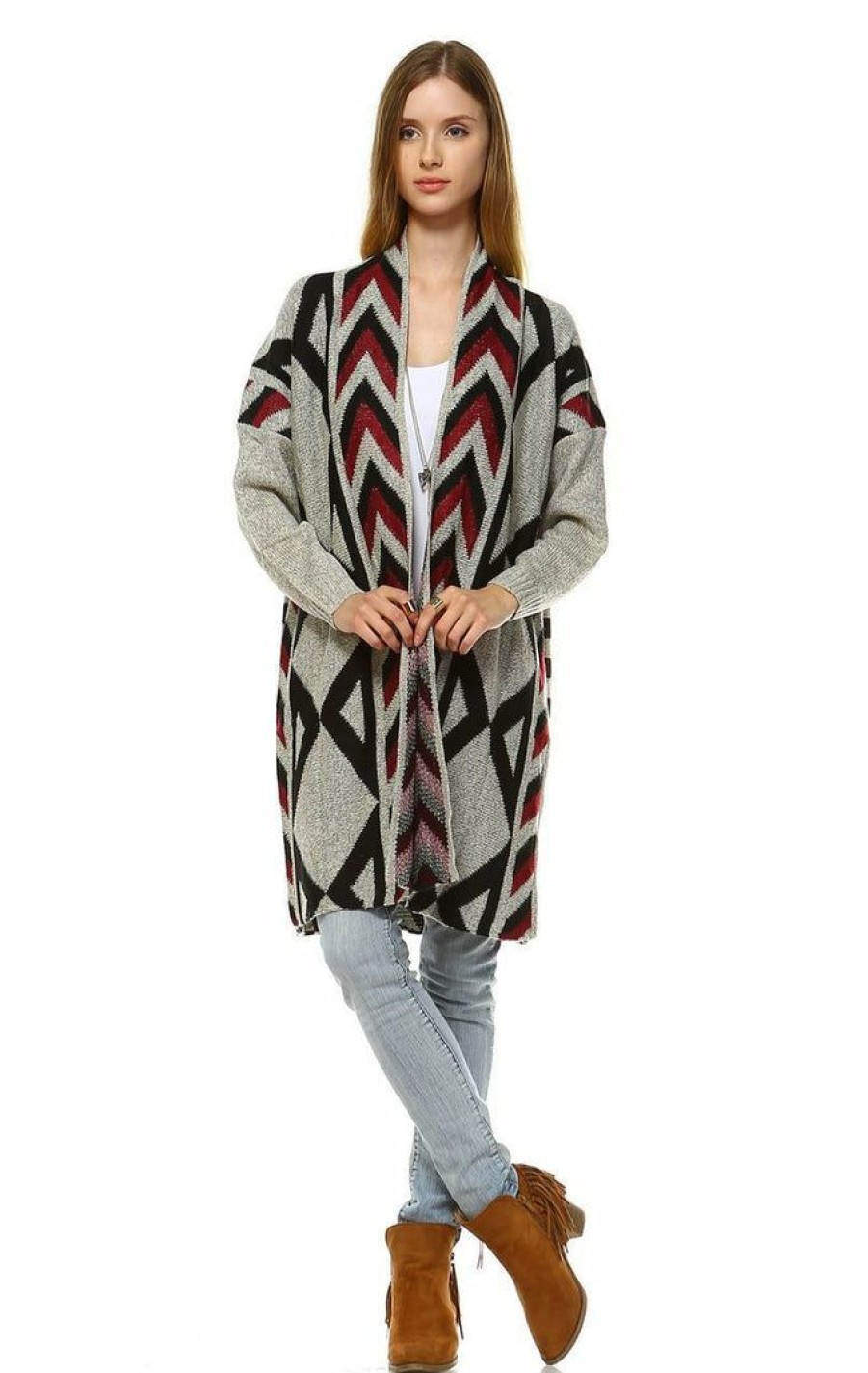 Regular Size * | Zoozie La Regular Size Aztec Cardigan Tribal Sweater Ribbon Chevron Beige