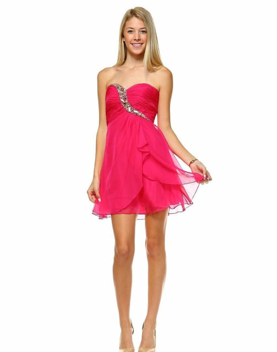 Regular Size * | Zoozie La Strapless Jewel Chest Dress With Drape Skirt Fuchsia Regular Size