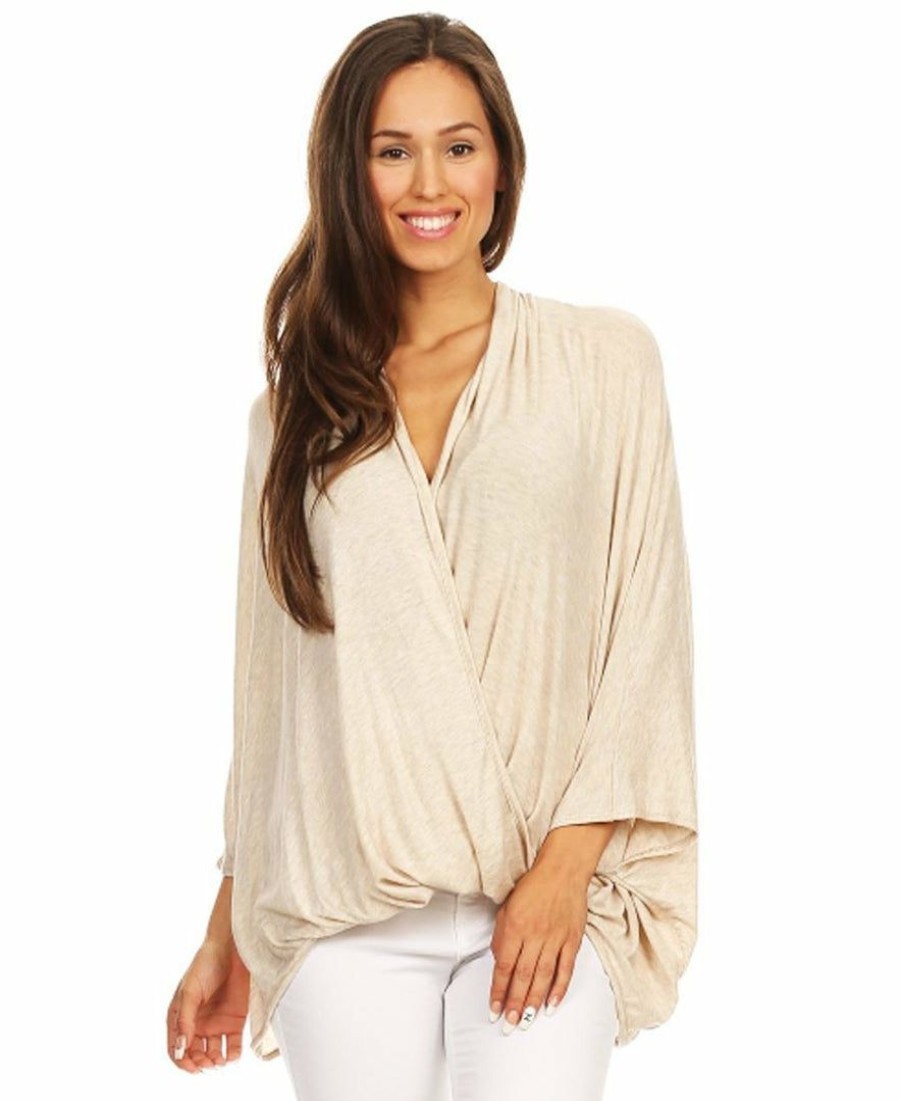 Regular Size * | Zoozie La Tunic Top Shirt Twist Wrap 3/4 Sleeve Oatmeal