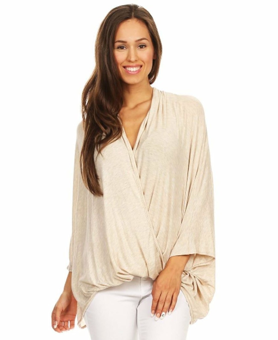 Regular Size * | Zoozie La Tunic Top Shirt Twist Wrap 3/4 Sleeve Oatmeal