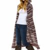 Regular Size * | Zoozie La Regular Size Long Cardigan Sweater Striped With Hoodie Hood Burgundy