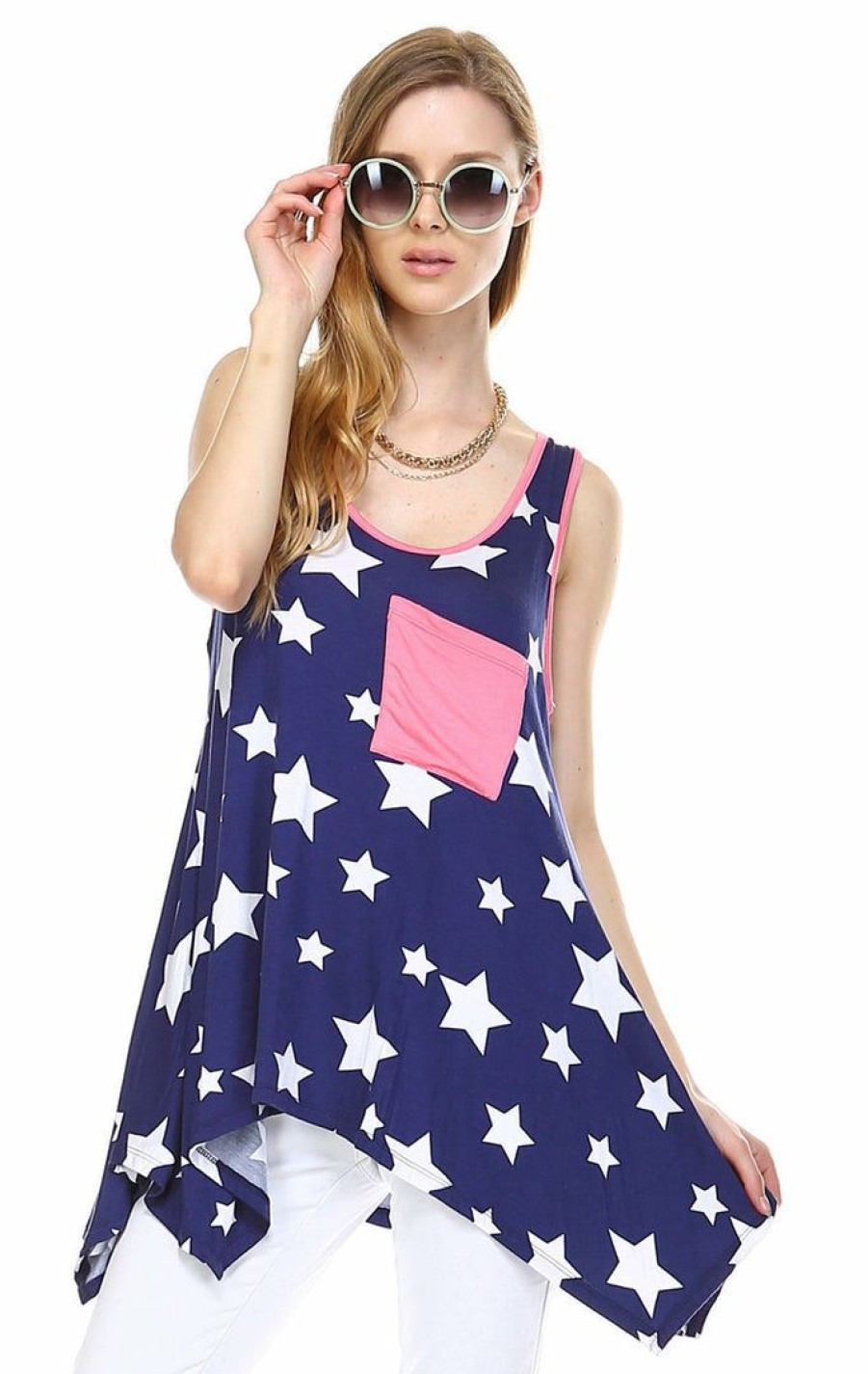 Regular Size * | Zoozie La Patriotic Shirt Tank Big Star Patterns Big Star Navy White Pink Tank Big Star Navy White Pink