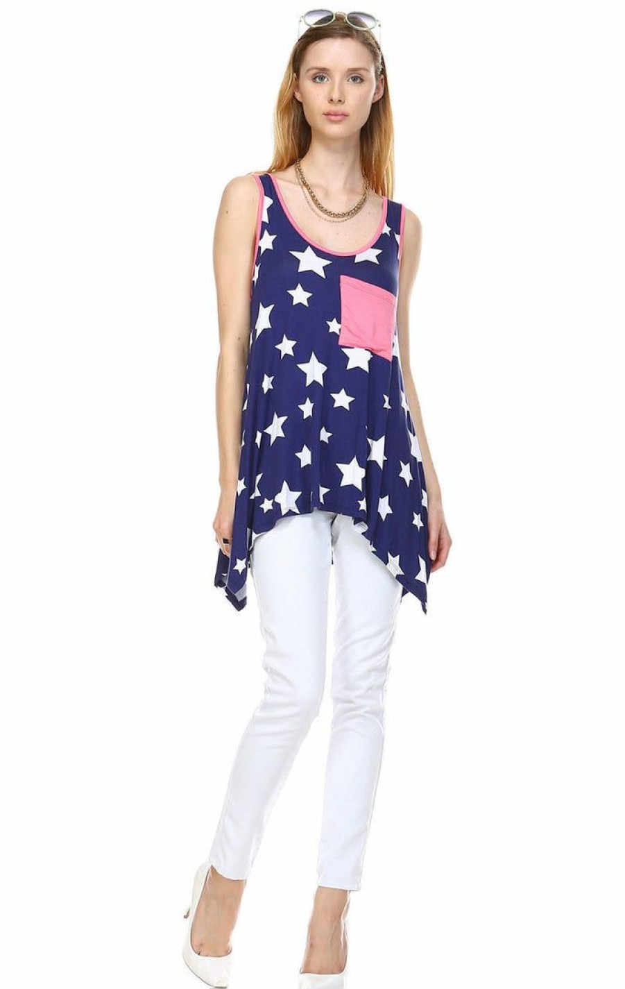 Regular Size * | Zoozie La Patriotic Shirt Tank Big Star Patterns Big Star Navy White Pink Tank Big Star Navy White Pink