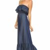 Regular Size * | Zoozie La Regular Size Chambray Ruffled Overlay Tube Maxi Dress Dark Blue Indigo