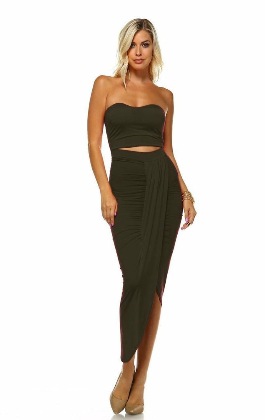 Regular Size * | Zoozie La Strapless Bodycon Maxi Club Dress Ruched Detail With Cutout Olive