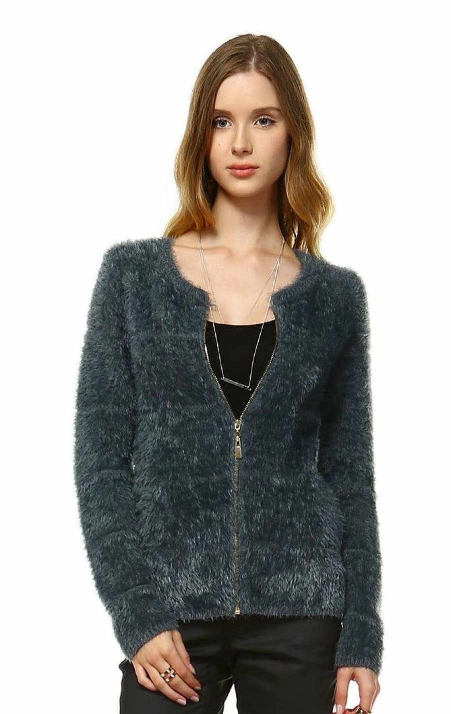 Regular Size * | Zoozie La Regular Size Fuzzy Zip Cardigan Sweater Gray