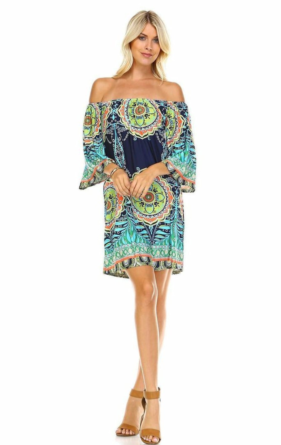 Regular Size * | Zoozie La Regular Size Off Shoulder Tunic Dress Navy Blue Tropical Paisley