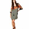 Regular Size * | Zoozie La Regular Size Premium Boho Paisley Orange Green Gold Black Tunic Dress With Strings Paisley Rust Orange Green Black