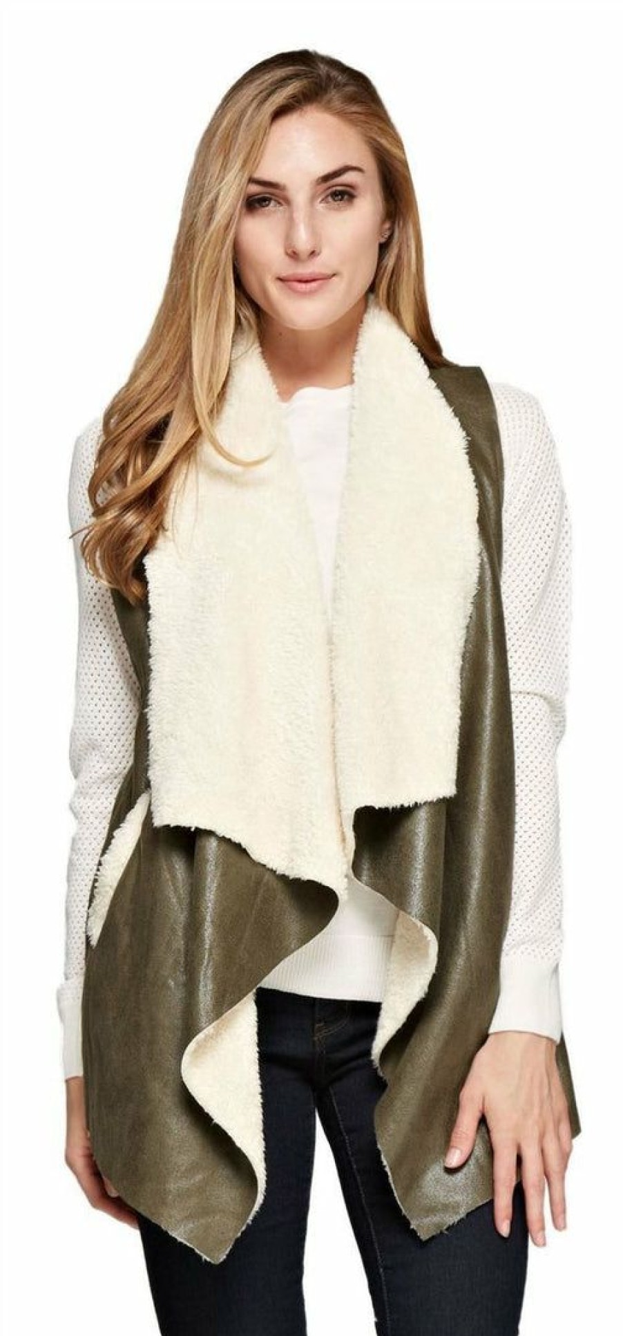 Regular Size * | Zoozie La Shearling Faux Fur Vest With Suede And Pockets Olive Regular Size