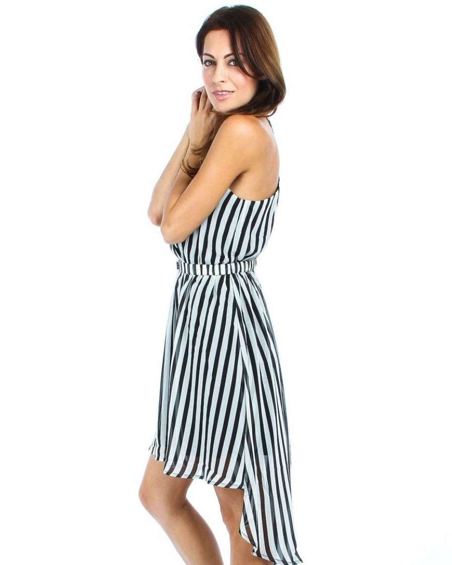 Regular Size * | Zoozie La Regular Size Sleeveless Highlow Striped Midi Dress With Belt Black White