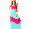 Regular Size * | Zoozie La Elegant Colorblock Chevron Teal Fuchsia Racerback Maxi Dress Regular Size