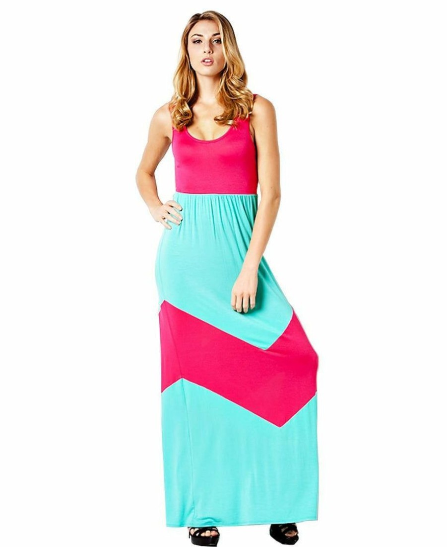 Regular Size * | Zoozie La Elegant Colorblock Chevron Teal Fuchsia Racerback Maxi Dress Regular Size