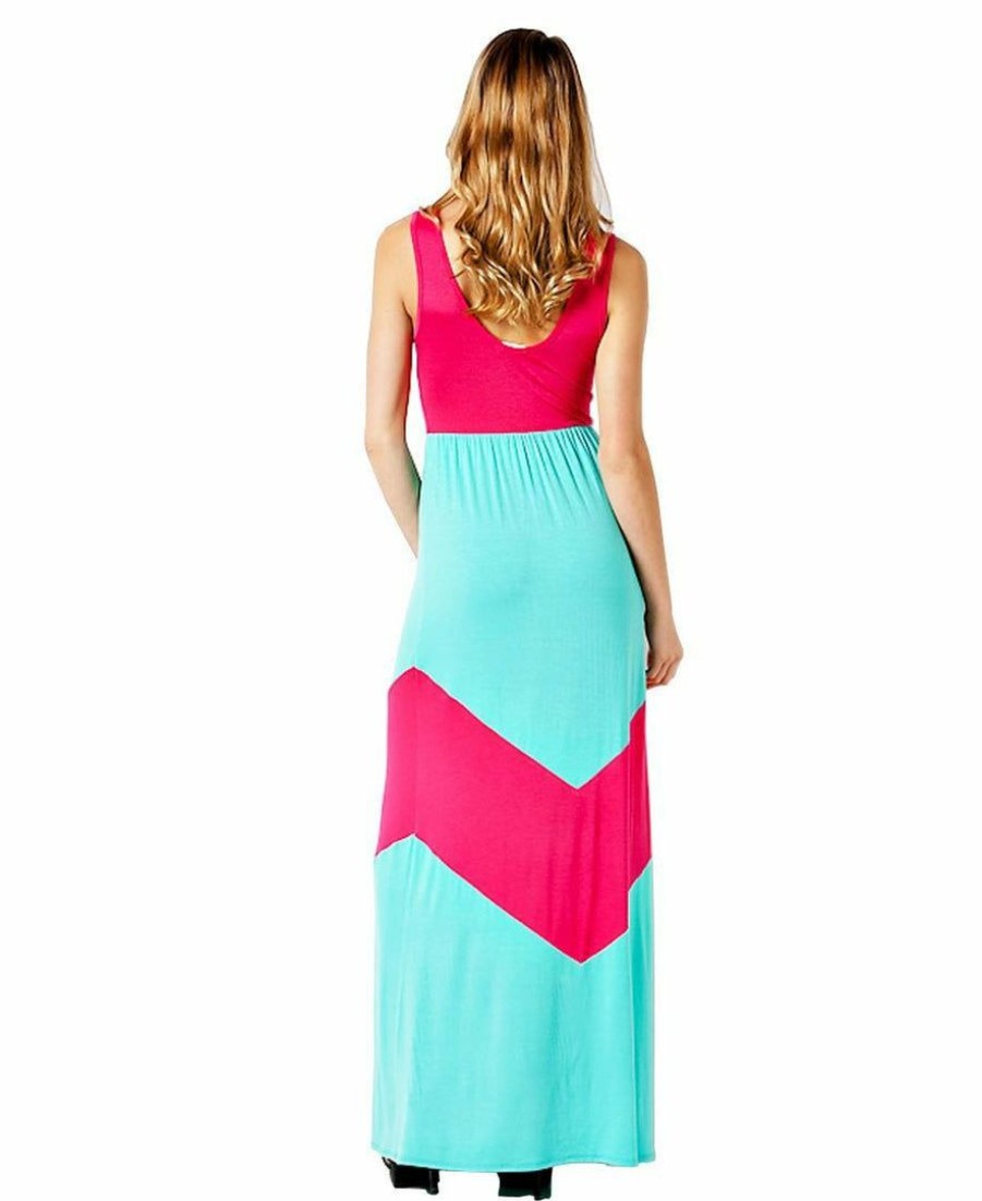 Regular Size * | Zoozie La Elegant Colorblock Chevron Teal Fuchsia Racerback Maxi Dress Regular Size