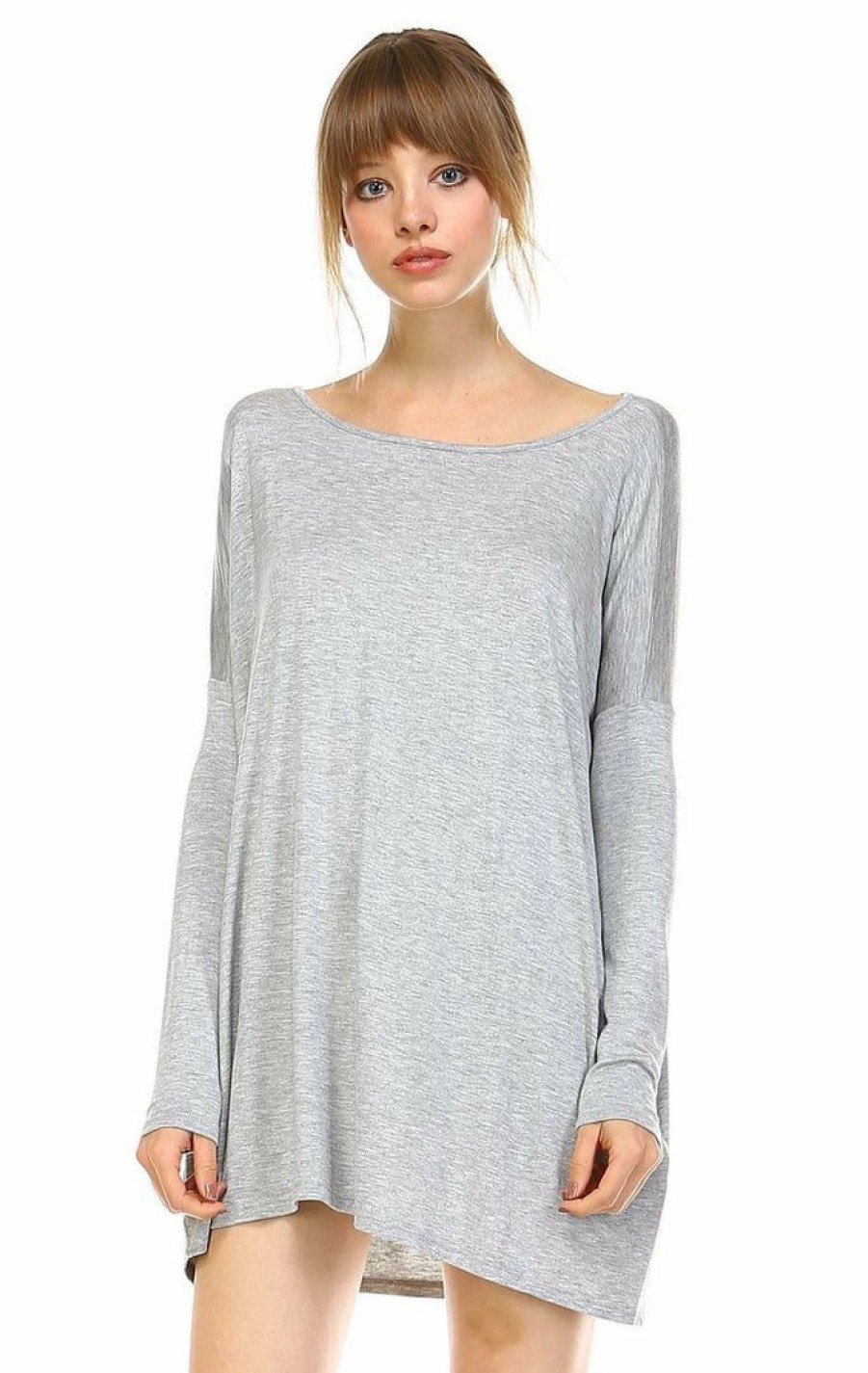 Regular Size * | Zoozie La Regular Size Tunic Top Shirt Dress Oversized Round Neck Long Sleeve Gray Large/X-Large