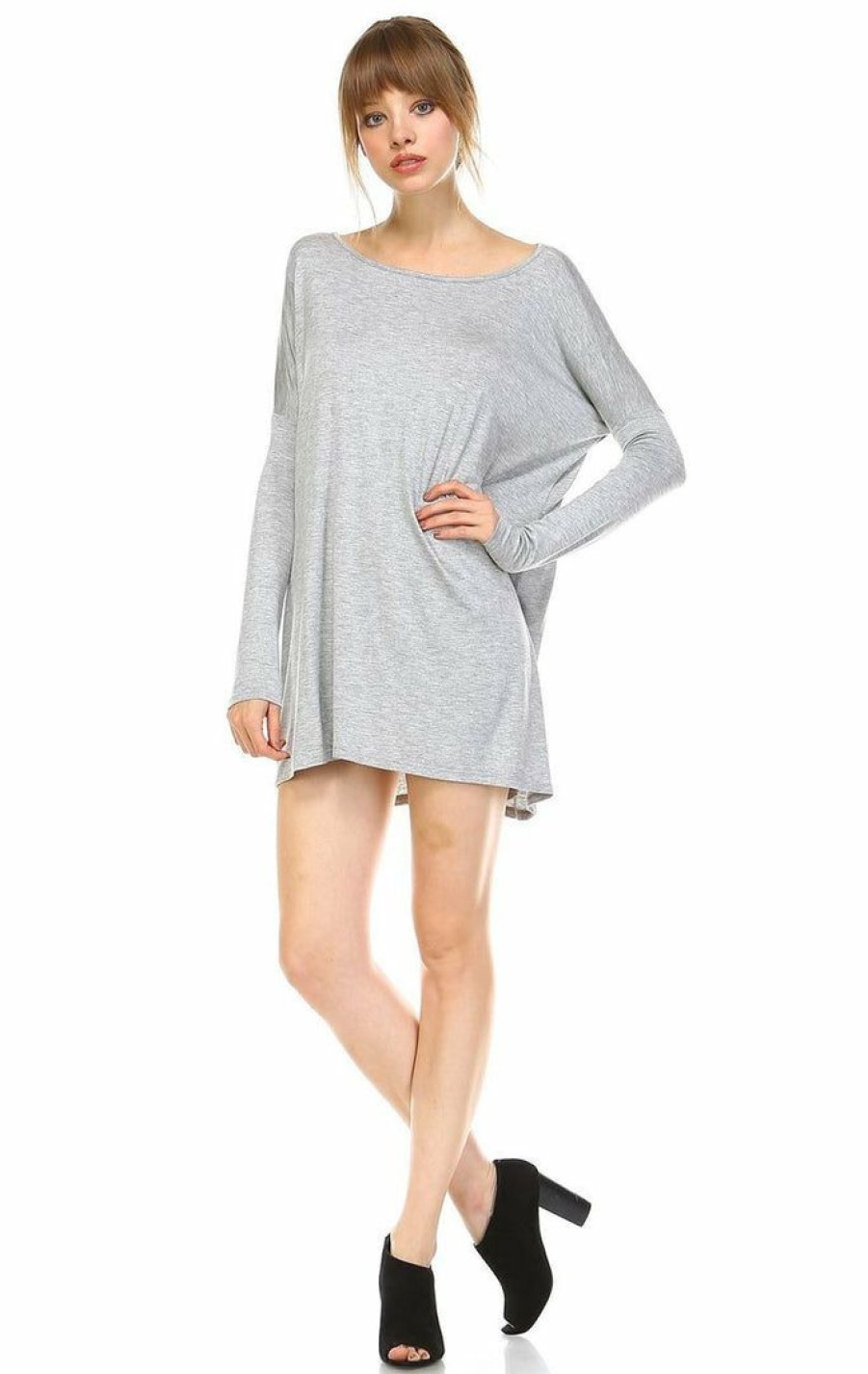 Regular Size * | Zoozie La Regular Size Tunic Top Shirt Dress Oversized Round Neck Long Sleeve Gray Large/X-Large