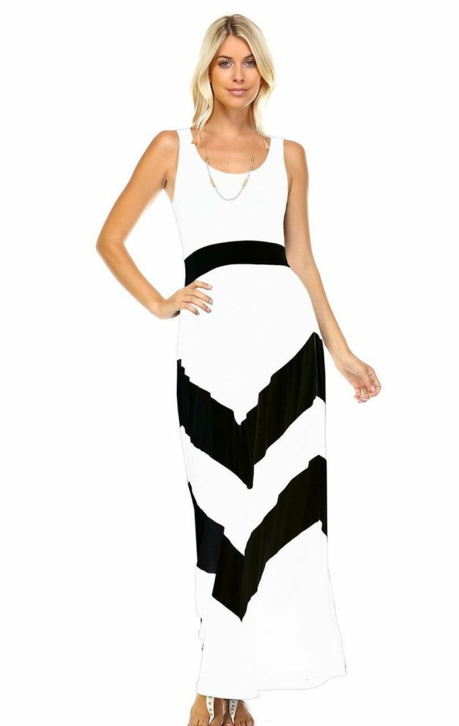 Regular Size * | Zoozie La Sleeveless Long Evening Chevron Maxi Dress White Black Regular Size