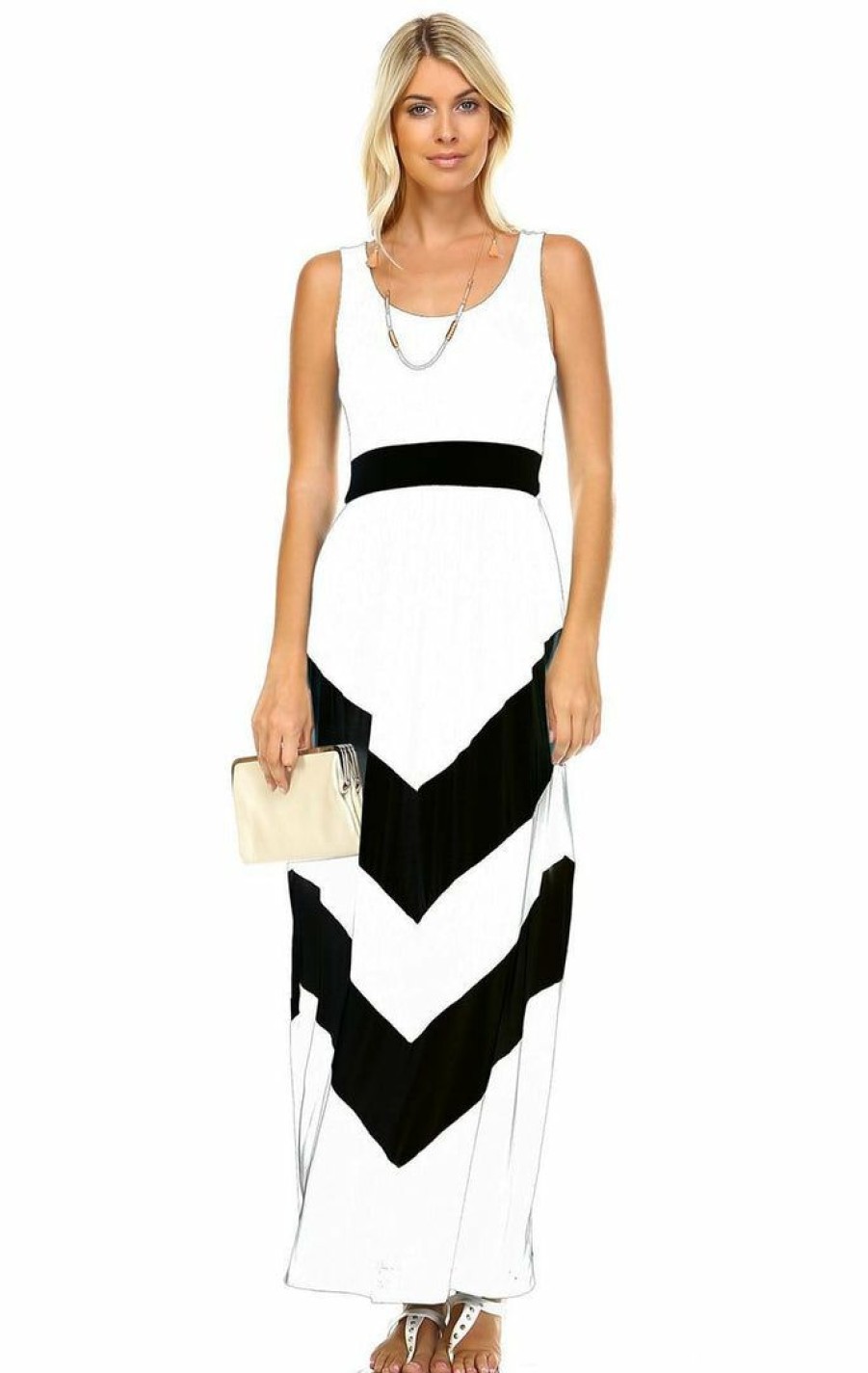 Regular Size * | Zoozie La Sleeveless Long Evening Chevron Maxi Dress White Black Regular Size